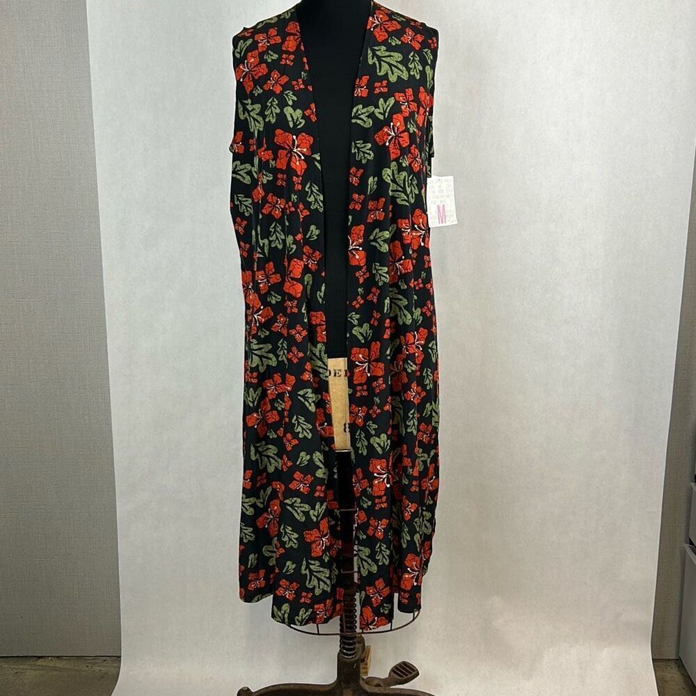 NEW Floral Kimono Long Vest Sleeveless Black Red Flowers Green Leaves Sz M Joy